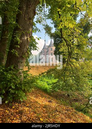 Des peintures pittoresques verticales et colorées ont été prises sur le château historique de Poeke, vu à travers les arbres verts et les feuilles Banque D'Images