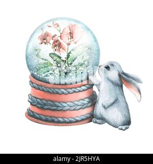 Un globe de neige avec une orchidée d'hiver dans la neige avec un joli lapin gris. Illustration aquarelle. La composition d'un grand ensemble d'HIVER CONFORTABLE. Pour le Banque D'Images