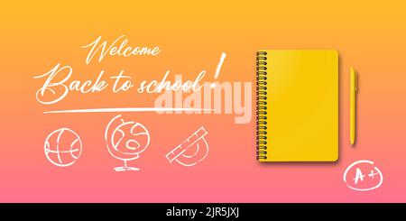 Retour à l'école. Vacances pour les étudiants. Concept de bannière avec bloc-notes et stylo sur fond d'automne. Petit texte manuscrit de retour à l'école. Placer pour le texte Illustration de Vecteur
