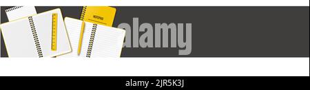 Sur la table sont ouverts et fermés des blocs-notes ou bloc-notes, un stylo et une règle disposés de façon aléatoire. Illustration sur fond noir. Place pour votre texte. F Illustration de Vecteur
