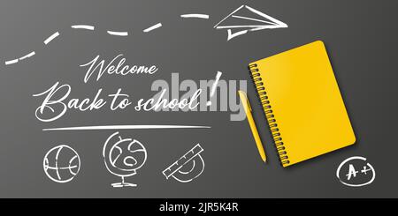 Vacances pour les étudiants. Retour à l'école. Concept de bannière avec bloc-notes et stylo sur fond noir. Placer pour le texte. Affiche d'éducation. Petit te manuscrit Illustration de Vecteur