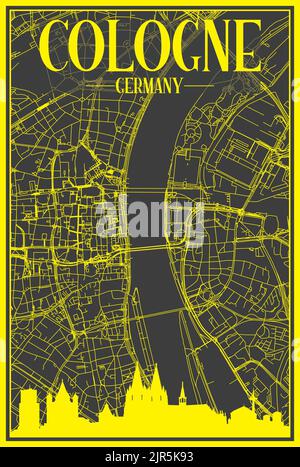 Affiche panoramique de la ville dessinée à la main avec le réseau de rues du centre-ville de COLOGNE, ALLEMAGNE Illustration de Vecteur