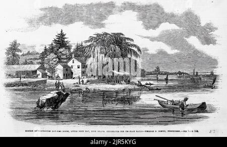 Retraites d'été - la maison côté baie, Little Neck Bay, long Island, New York, célébrée pour ses faux-palourdes - William N. Brown, propriétaire (1860). Illustration du 19th siècle du journal illustré de Frank Leslie Banque D'Images