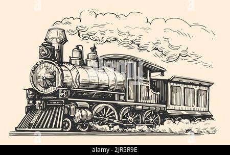 Train rétro en mouvement avec croquis de fumée. Transport à main, style de gravure vintage de locomotive. Illustration vectorielle Illustration de Vecteur