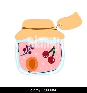 Cerisier fait maison, abricot, confiture de cassis, fruits en boîte de dessin animé à la main de style plat. Illustration vectorielle d'un pot en verre avec des aliments conservés, compote Illustration de Vecteur