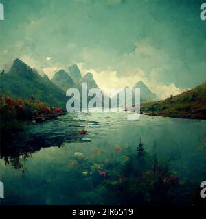 Un beau lac à proximité des montagnes, de hautes montagnes en arrière-plan et une forêt Illustration de Vecteur