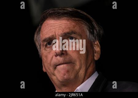 Sao Paulo, Brésil, 09 août 2022. Jair Messias Bolsonaro, Président brésilien en conférence de presse. Banque D'Images