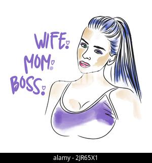 Femme. Mère. Boss, citation manuscrite, belle fille avec queue, dessin aquarelle style doodle Illustration de Vecteur