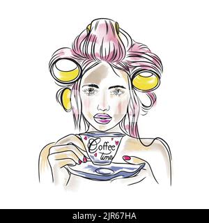Temps du café, citation manuscrite, belle fille avec des curlers sur sa tête boire du café, aquarelle illustration dans le style Doodle Illustration de Vecteur