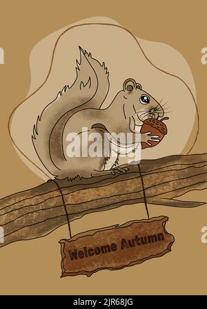 Écureuil mangeant l'écrou d'corne assis sur la branche d'arbre Bienvenue thème automne illustration vectorielle. Texture dessinée à la main sur fond marron. Médias sociaux Illustration de Vecteur