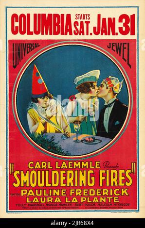 Carl Laemmle - affiche de film d'époque - feux couvants (Universal, 1925). Carte fenêtre. Pauline Frederick, Laura la plante. Film silencieux. Banque D'Images