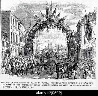 Progrès du Prince de Galles au Canada - Arc de Triomphe érigé en l'honneur de l'arrivée du Prince, rue Prince William, Saint-Jean (Nouveau-Brunswick). Visite d'Albert Edward, Prince de Galles (Edward VII), au Canada. Illustration du 19th siècle du journal illustré de Frank Leslie Banque D'Images