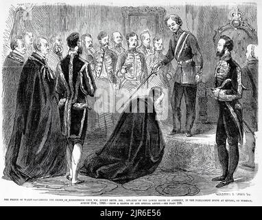 Le prince de Galles confie l'ordre de la chevalier à William Henry Smith, président de la Chambre basse de l'Assemblée, à la Chambre du Parlement à Québec, 21 août 1860. Visite d'Albert Edward, Prince de Galles (Edward VII), au Canada. Illustration du 19th siècle du journal illustré de Frank Leslie Banque D'Images