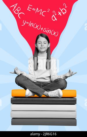 Affiche de métaphore collage de l'enfant scolaire concentré faisant l'exercice de yoga avant de préparer l'examen d'algèbre assis sur le manuel Banque D'Images