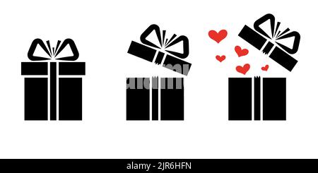 Boîte cadeau et boîte cadeau ouverte icônes coeurs. Illustration vectorielle isolée sur fond blanc Illustration de Vecteur