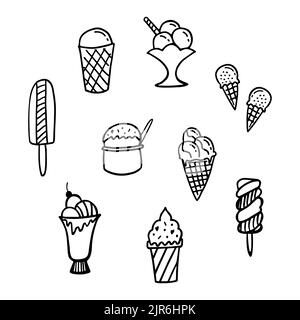 Ensemble de caniche à crème glacée. Neuf crèmes glacées différentes : popsicle, glace, crème épaisse, sundae, crème glacée molle. Modèle pour la conception. Joli toundra Illustration de Vecteur