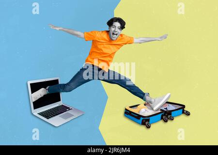 Photo caricature de bande dessinée esquisse collage de fou énergique gars programmeur travail vacances saut laisser netbook pack valise de voyage prêt s'amuser Banque D'Images