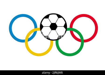 L'Olympiade sonne avec le ballon de football. Symbole Olympiade sur fond isolé. Logo des jeux sportifs. Illustration plate. Illustration de Vecteur
