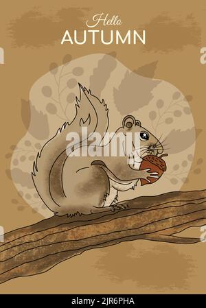 Écureuil mangeant l'écrou d'corne assis sur la branche d'arbre. Illustration vectorielle de thème Hello Autumn. Dessin à la main texture design fond marron art. médias sociaux Illustration de Vecteur