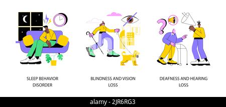 Ensemble d'illustrations vectorielles abstraites de problèmes de santé. Troubles du comportement du sommeil, cécité et perte de vision, surdité et problème d'audition, état des yeux, otolaryngologiste visite métaphore abstraite. Illustration de Vecteur