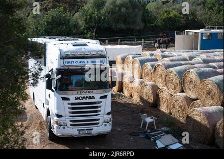 Un grand camion blanc Scania stationné dans une course à cheval dans une zone rurale par une journée ensoleillée Banque D'Images