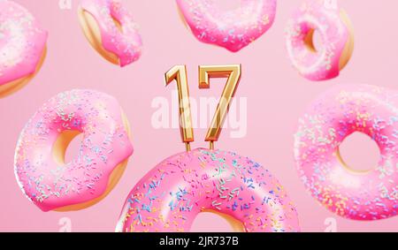 Joyeux anniversaire 17th fond avec des beignets roses dépoli. 3D rendu Banque D'Images