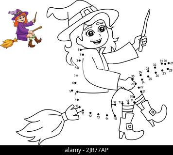 Dot to Dot Witch Girl sur la page de coloriage du bâton de Bouromstick Illustration de Vecteur