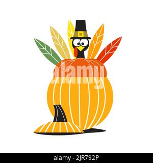 dinde de de Thanksgiving en citrouille mignon simple vecteur icône. Oiseau dinde drôle assis dans la bande dessinée de citrouille isolée sur fond blanc. Bonne action de grâces Illustration de Vecteur