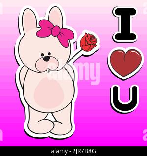 mignon debout lapin fille autocollant bande dessinée tenant rouge rose amour illustre dans le format vectoriel Illustration de Vecteur