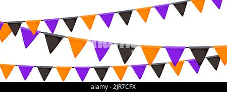 Banderole Halloween. Guirlande drapeau noir, orange et violet. Motif en chaîne de fanions triangles. Décoration de fête. Drapeaux de célébration pour la décoration Illustration de Vecteur