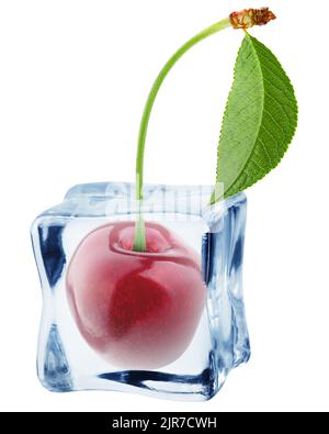 cerisier dans un cube de glace, isolé sur fond blanc, chemin d'écrêtage, pleine profondeur de champ Banque D'Images