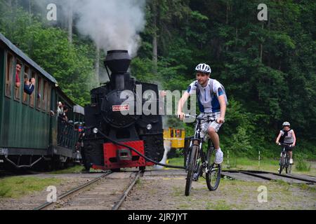 Un vélo et un train à vapeur près du chemin de fer de Mocanita à Viseu de sus, Roumanie Banque D'Images