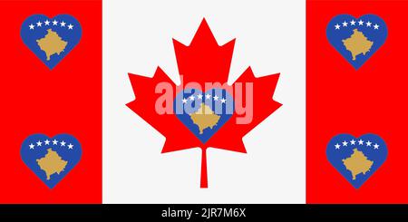 Drapeau du Kosovo sous la forme d'un coeur sur le drapeau du Canada. Soutien allié au Kosovo. Double drapeau plat - illustration. Banque D'Images