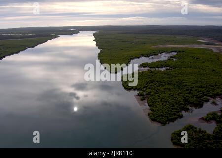 Vue aérienne d'une rivière tranquille avec des reflets de nuages entourés d'une végétation luxuriante au crépuscule Curtis Island Queensland Australie Banque D'Images