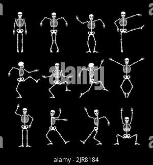 Skeleton danse jeu d'animation sprite. Ensemble vectoriel de personnages drôles d'halloween dans différentes poses. Un adorable personnage de creepy avec danse du squelette, saut, squating et animation de séquence de jeu Illustration de Vecteur