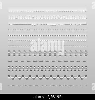 Découpe de papier, reliure, perforation, couture et séparateurs. 3d spirales en métal de carnet réalistes vectoriels, attaches d'anneaux en acier métallique et ressorts pour calendrier, agenda, bloc-notes, couverture de document ou feuilles de livret Illustration de Vecteur