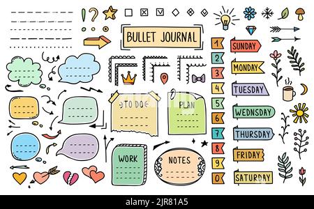 Journal à puces Doodle journal éléments de couleur, autocollants et notes en papier, cadre de bloc-notes vectoriel. Agenda de la semaine et les numéros autocollants, liste des tâches ou plan de calendrier étiquettes et bannières Illustration de Vecteur