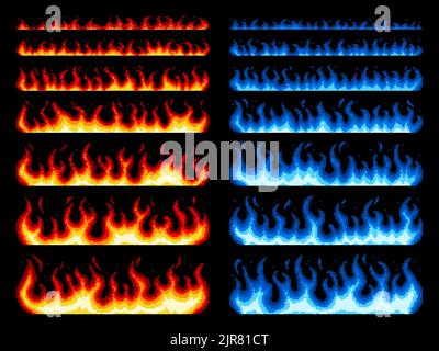 Pixel art feu, animation de jeu de flammes bleues et rouges, vecteur 8 bit actif et effets. Dessin animé pixel art feu ou jeu vidéo arcade pare-feu et feu de joie de feu, 8bit animation Fireball ou flammes de feu Illustration de Vecteur