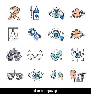 Icônes d'optométrie, chirurgie au laser oculaire, symboles de lignes de couleur vectorielles de diagnostic du phoroptère et de l'ophtalmologie. Optométrie icônes de la chirurgie lasik, lentilles de contact et test optique pour la vue et la vision oculaire Illustration de Vecteur