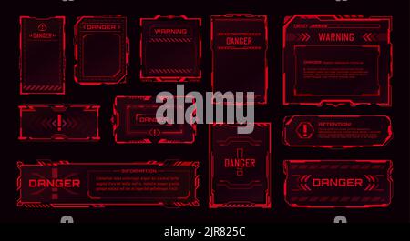 Zone de danger HUD, alerte d'avertissement et cadres rouges d'attention, interface de jeu futuriste vectoriel. Tableau de bord HUD et cyber UI avec zones d'avertissement de danger, panneaux d'alarme et bordures rouges pour message d'avertissement d'alerte Illustration de Vecteur