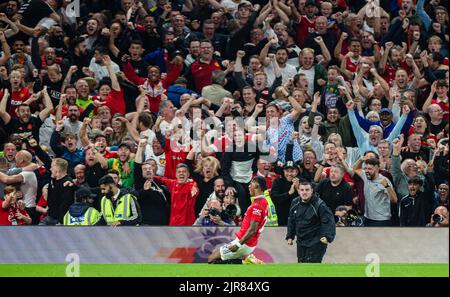 Manchester, Royaume-Uni. 23rd août 2022. Marcus Rashford, de Manchester United, célèbre son but lors du match de la Premier League anglaise entre Manchester United et Liverpool à Manchester, en Grande-Bretagne, le 22 août 2022. Credit: Xinhua/Alay Live News Banque D'Images