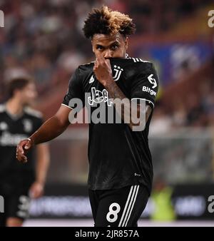 Genova, Italie. 22nd août 2022. Weston McKennie du FC Juventus réagit lors d'un match de football de la série italienne entre le FC Juventus et le Sampdoria à Genova, en Italie, le 22 août 2022. Credit: Federico Tardito/Xinhua/Alamy Live News Banque D'Images