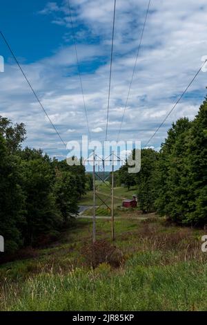 Lignes électriques à travers les bois sur une bande de terre à Warren, Pennsylvanie, États-Unis lors d'une journée ensoleillée d'été Banque D'Images