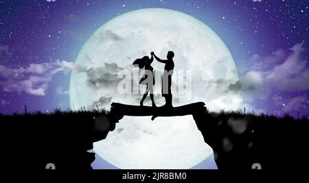 Silhouette de nuit paysage de couple ou d'amant dansant et chantant sur la montagne avec le fond de la voie lactée sur la pleine lune. Banque D'Images