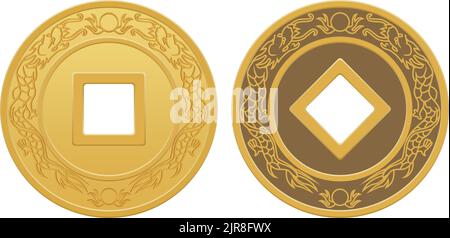 Illustration vectorielle modifiable superposée de pièces de cuivre chinoises anciennes avec motifs de dragon sur elles. Illustration de Vecteur