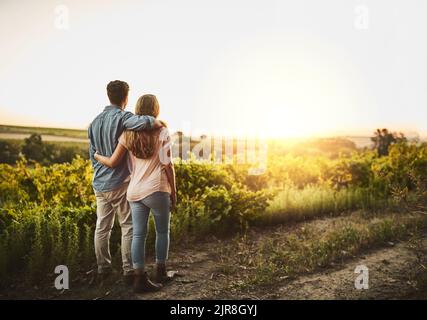 Ce sera le nôtre pour toujours. Un jeune couple marchant dans leurs récoltes tout en se tenant les uns les autres et regardant dans l'horizon. Banque D'Images