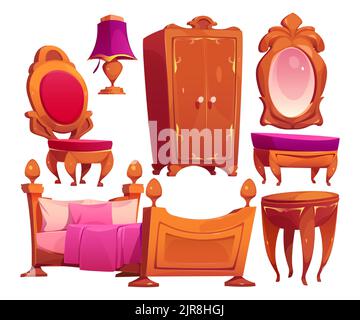 Chambre intérieure dans un décor classique de style vintage isolé. Meubles en bois de luxe fauteuil, table basse, canapé, lampe, placard, Éléments de conception de miroir et de lit, illustration vectorielle de dessin animé Illustration de Vecteur