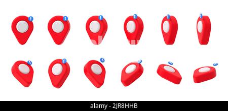 Mapper les icônes de broches, les étiquettes d'emplacement avec un point d'exclamation. Symboles de navigation GPS, marqueurs géographiques rouges, 3D pointeurs de carte isolés sur fond blanc, illustration de rendu Banque D'Images