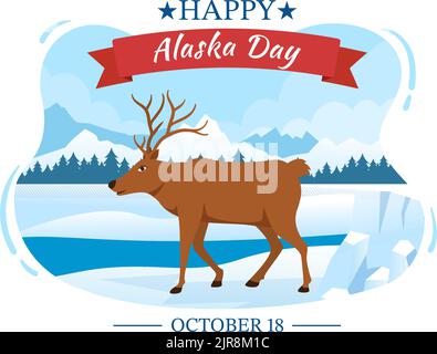 Joyeux jour de l'Alaska sur 18 octobre dessin main de dessin animé de dessin animé drapeau en paysage d'hiver en modèle pour bannière ou affiche Illustration de Vecteur