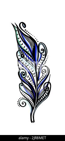 Plume d'un oiseau exotique, dessinée à la main. Dessin réalisé avec des marqueurs et de l'encre. Banque D'Images